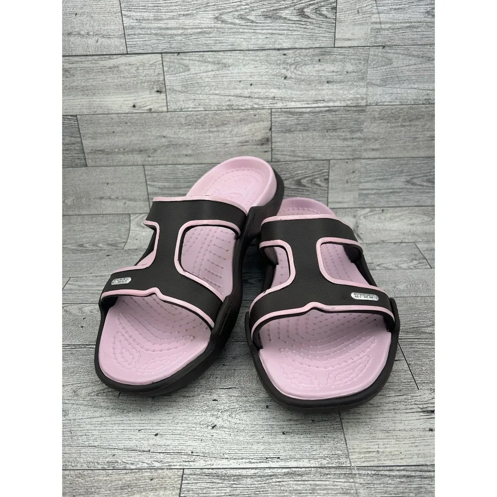 Crocs Women Slide Sandals Brown Pink‎ Dual Strap Slip On Shoes Size 11